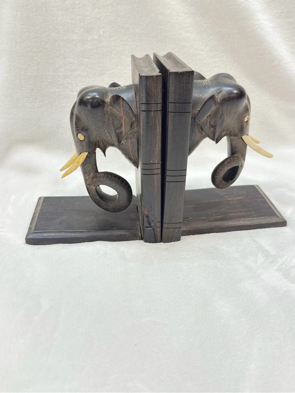 Ebony Hand-Carved Black Elephant Head Bookends - Decorative Wall Accent